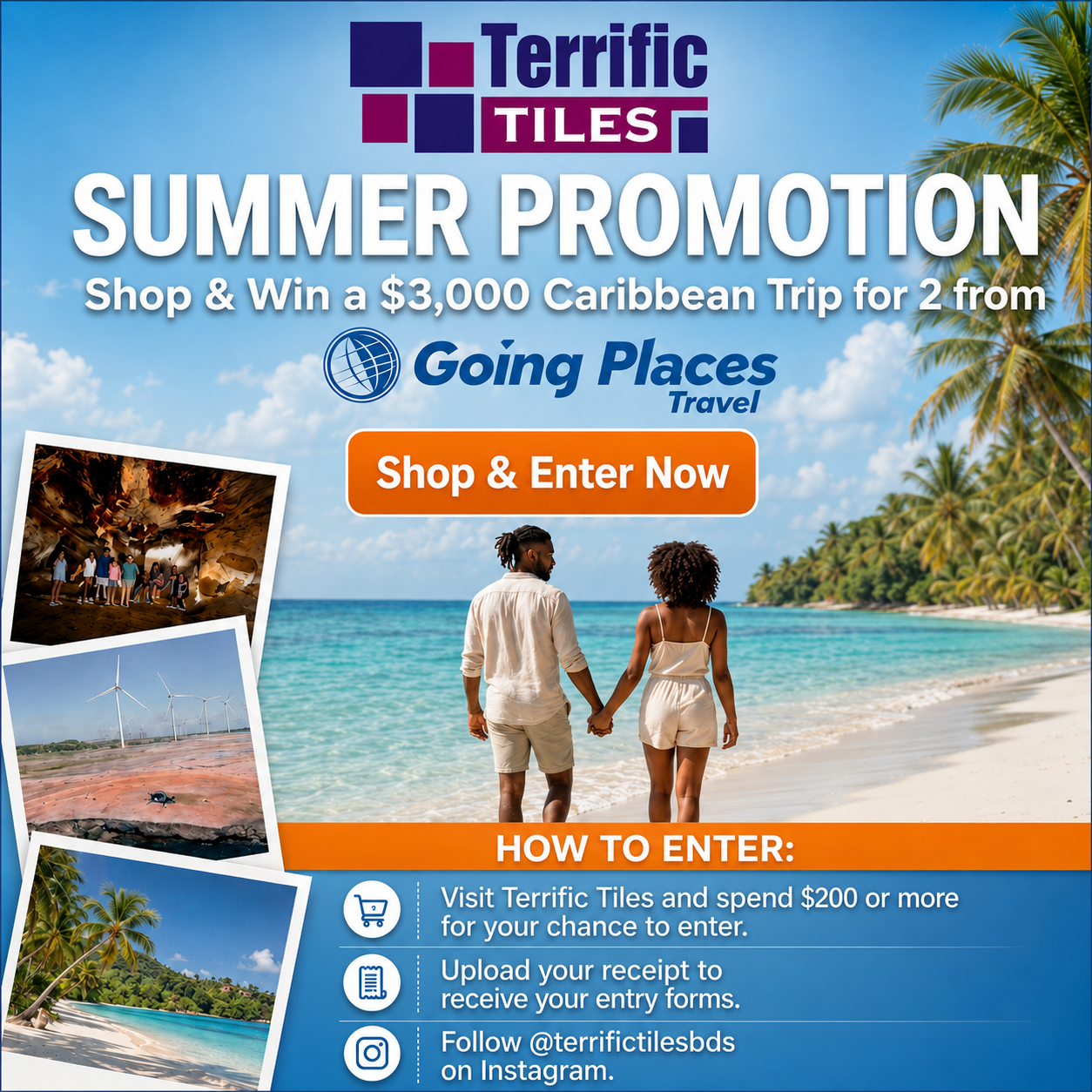 Couple on a Caribbean beach — win this trip with Terrific Tiles